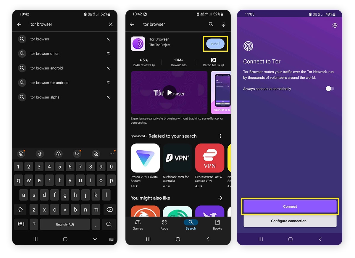Installation und Verbindungsherstellung mit dem Tor-Browser unter Android.