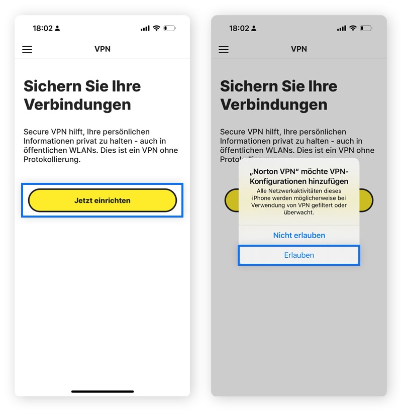 Einrichten der Norton VPN-App für iPhone. 