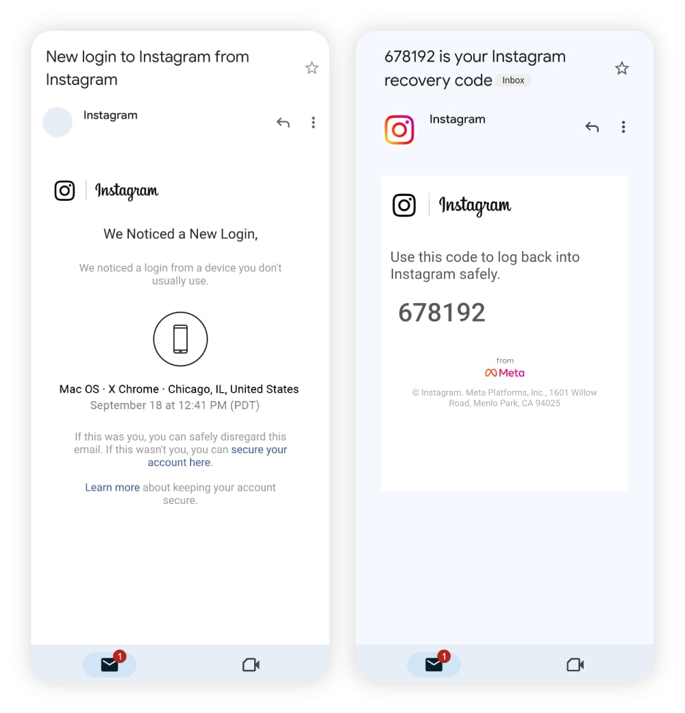 Screenshots: neue E-Mail-Warnmeldung zur Anmeldung und von Instagram gesendeter Wiederherstellungscode