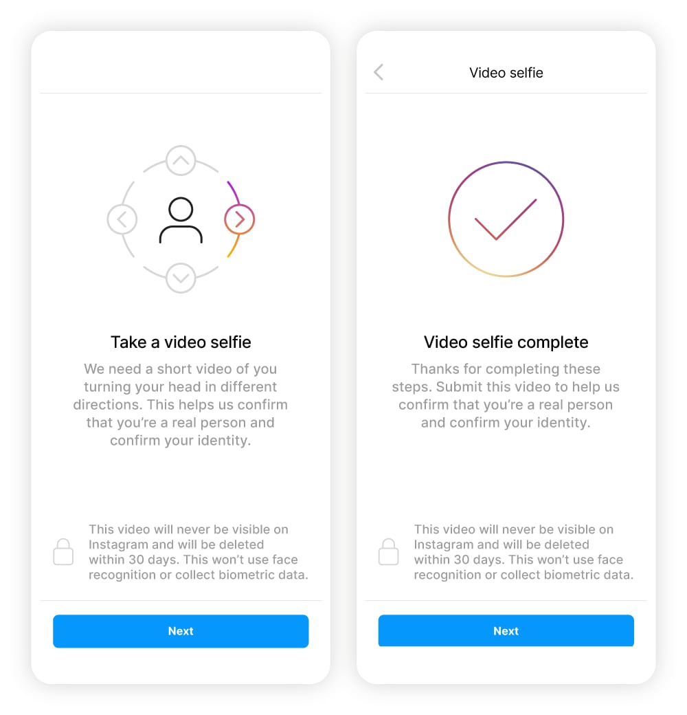 Screenshots: Funktion zur Identifikation per Video-Selfie auf Instagram