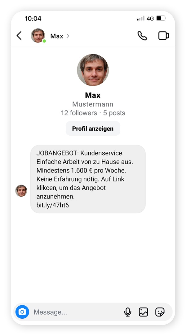 Screenshot: betrügerische mit einem Instagram-Jobangebot.
