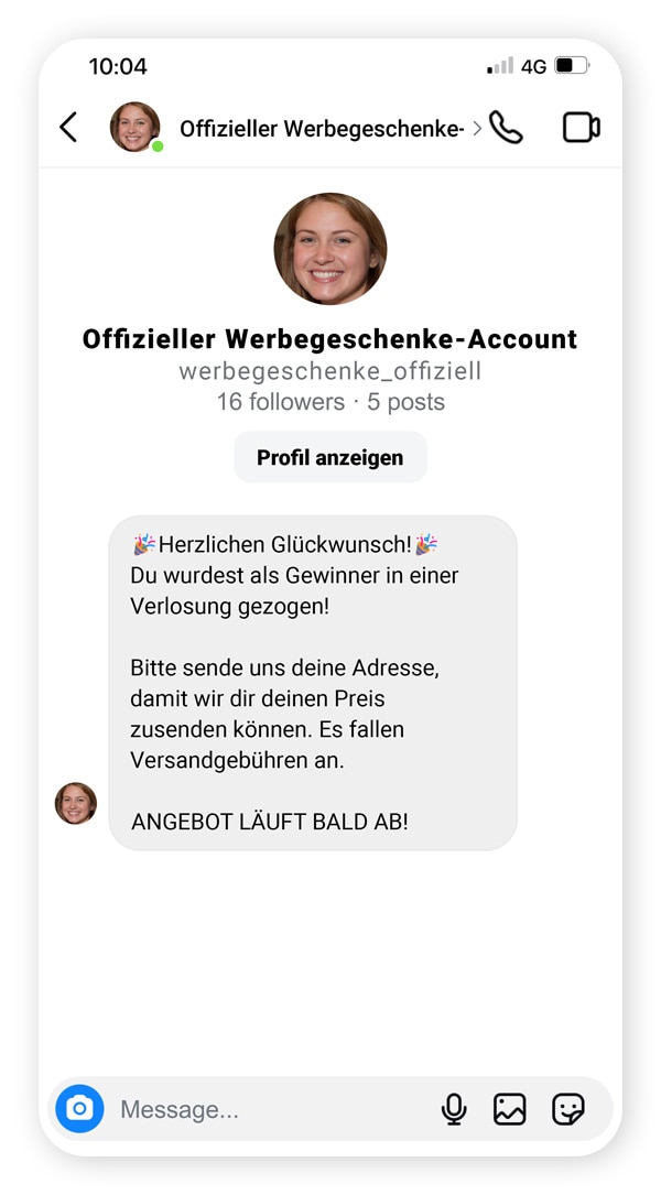 Screenshot: betrügerische Nachricht mit einem Instagram-Gewinnspiel