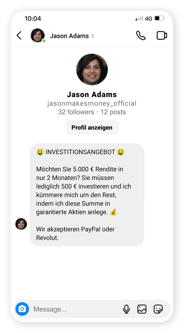 Screenshot: betrügerische Instagram-Nachricht über eine Investition