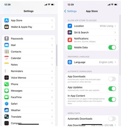 Aktivierung automatischer Downloads für App-Updates unter iOS.