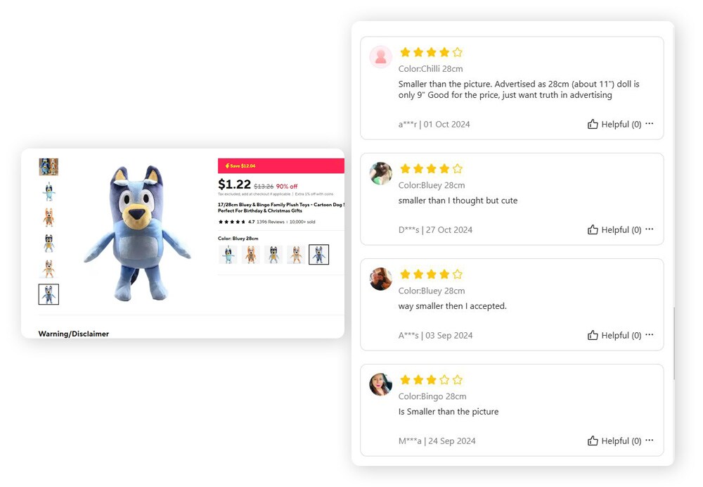 Bewertungen eines ausgestopften Cartoon-Hundes auf AliExpress, in denen steht, dass das Spielzeug kleiner ist, als es auf dem Bild und in der Beschreibung erscheint.
