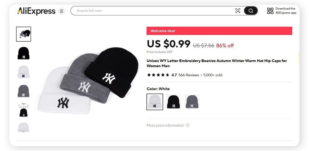 Auf AliExpress werden Mützen verkauft, die auf den ersten Blick das Logo der New York Yankees zu haben scheinen. Die Buchstaben im Logo sind jedoch WY, nicht NY.