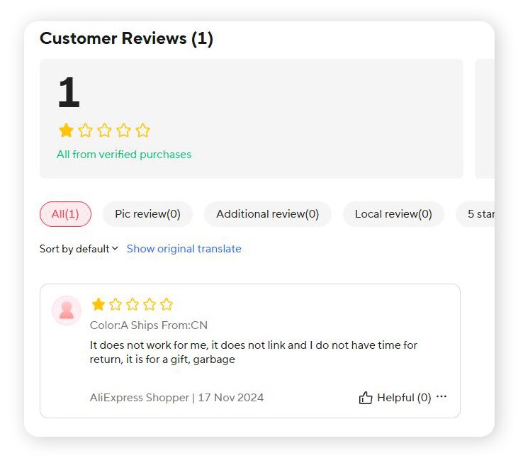 Eine Kundenrezension auf AliExpress, in der steht, dass das Produkt nicht funktioniert.