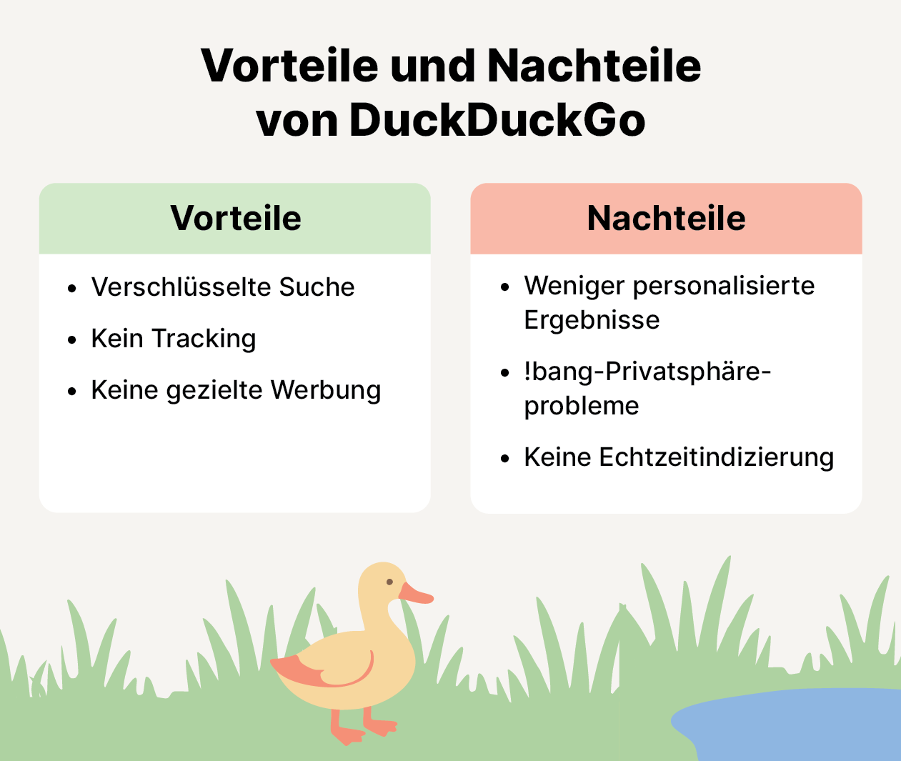 Eine Liste der Vor- und Nachteile von DuckDuckGo mit einer Illustration einer gelben Ente in der Nähe eines Teichs.