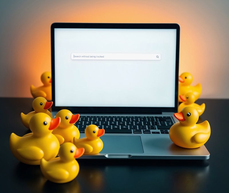 Gummi-Enten umringen bedrohlich einen Laptop; eine Suchleiste, die DuckDuckGo darstellt, ist auf dem Bildschirm zu sehen.
