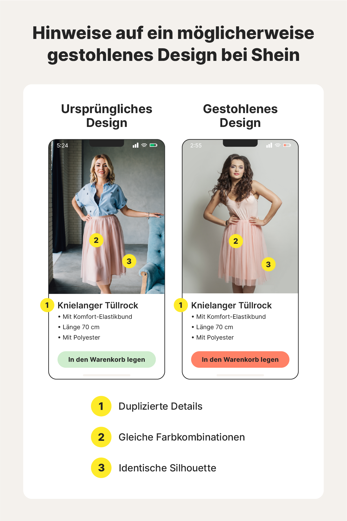 Anzeichen dafür, dass ein Shein-Design gestohlen worden sein könnte.
