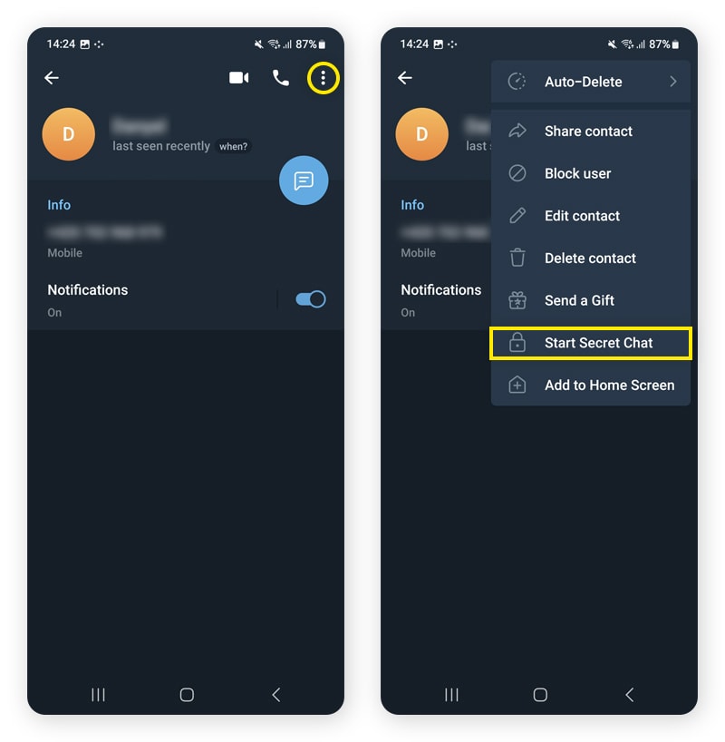 Screenshots, die zeigen, wie man mit der Funktion "Geheimer Chat" in Telegram eine verschlüsselte Nachricht startet.