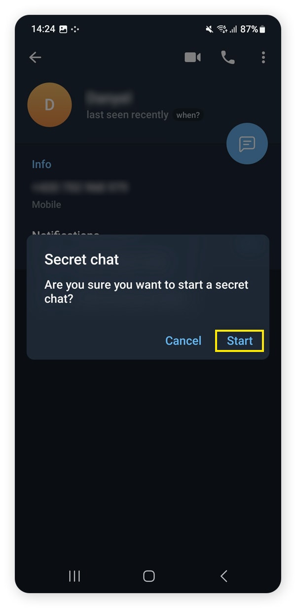 Screenshot, der zeigt, wie man bestätigt, dass man in Telegram einen verschlüsselten Geheimen Chat starten möchte.