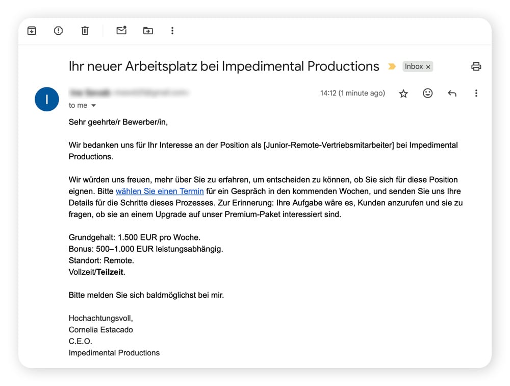 Ein Beispiel für Jobbetrug durch eine E-Mail mit einem Phishing-Link.