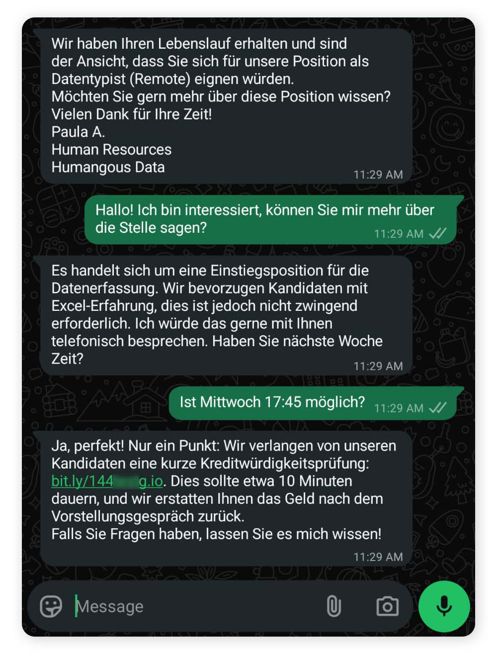 Screenshot: Betrug bei der Überprüfung von Kreditauskünften.