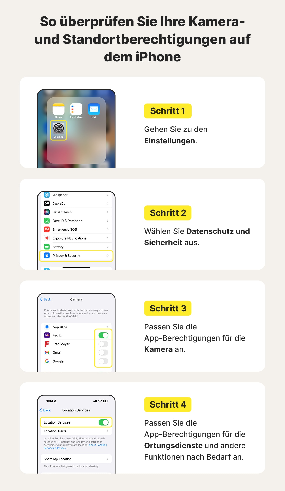 So überprüfen Sie Ihre Kamera- und Standortberechtigungen auf dem iPhone. 