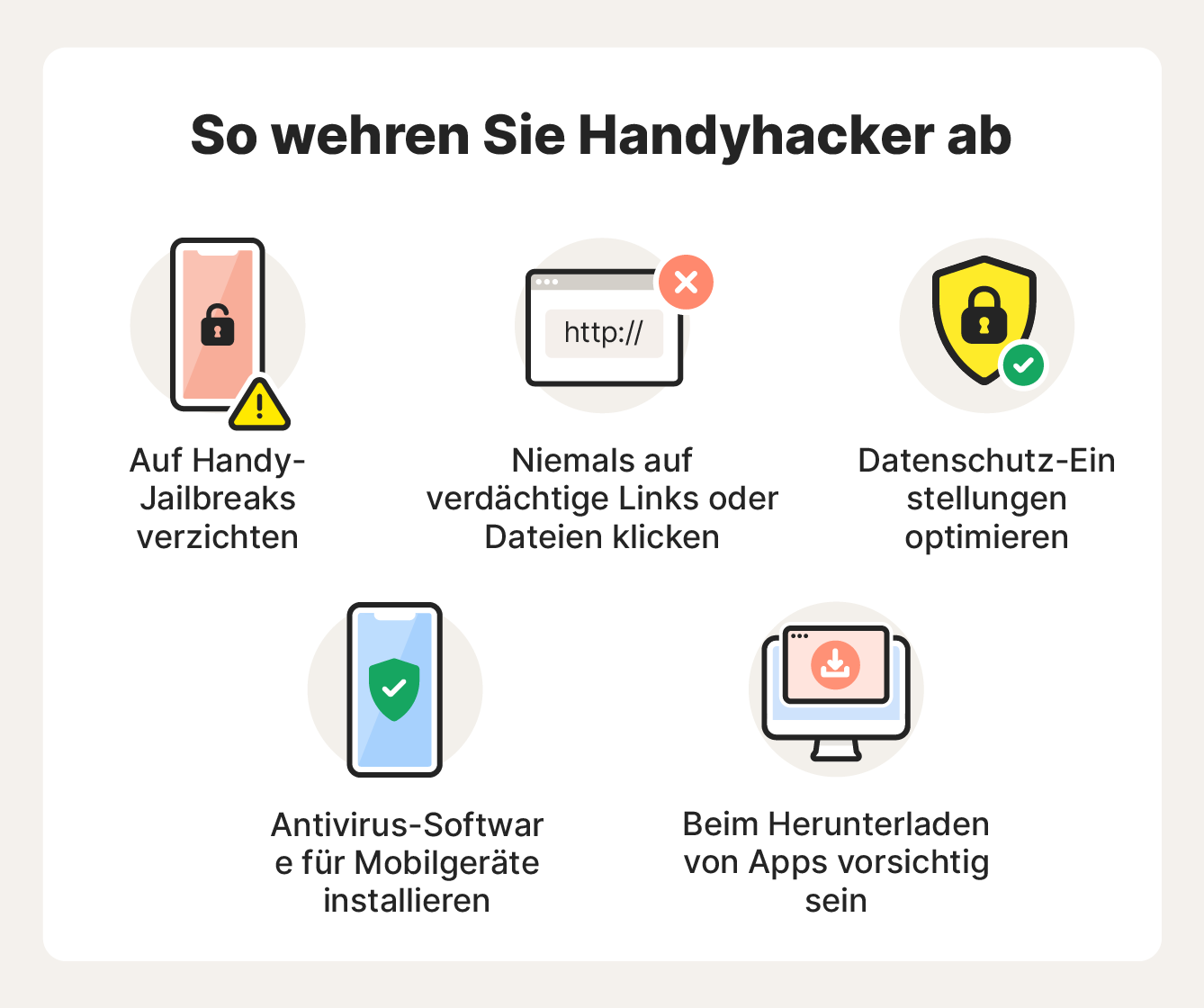 Abbildung mit einigen Tipps, wie Sie sich vor Smartphone-Hackern schützen können.