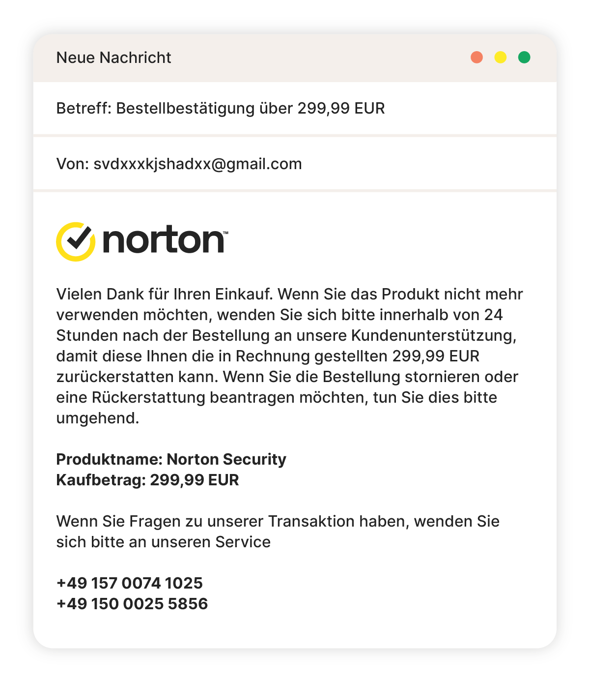 Beispiel für einen Norton-E-Mail-Zahlungsbetrug