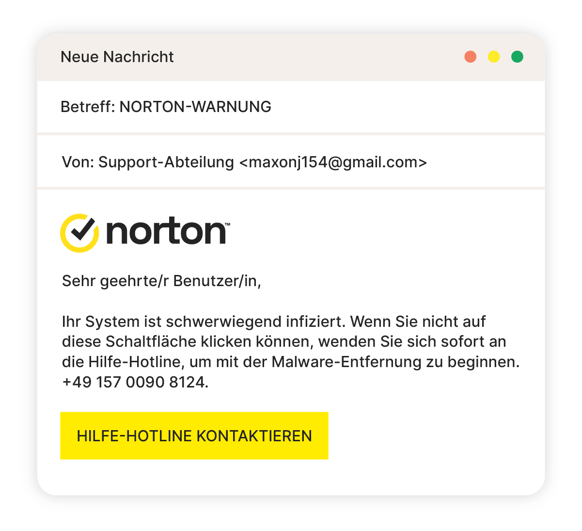 Beispiel für einen Norton-E-Mail-Tech-Support-Betrug