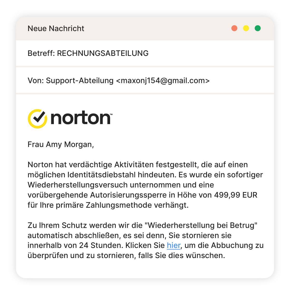 Beispiel für einen Norton-E-Mail-Betrug mit gestohlener Identität