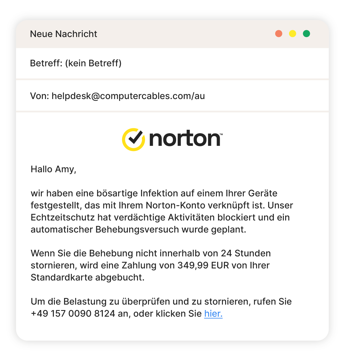 Beispiel für einen Norton-E-Mail-Betrug mit einem infizierten Gerät