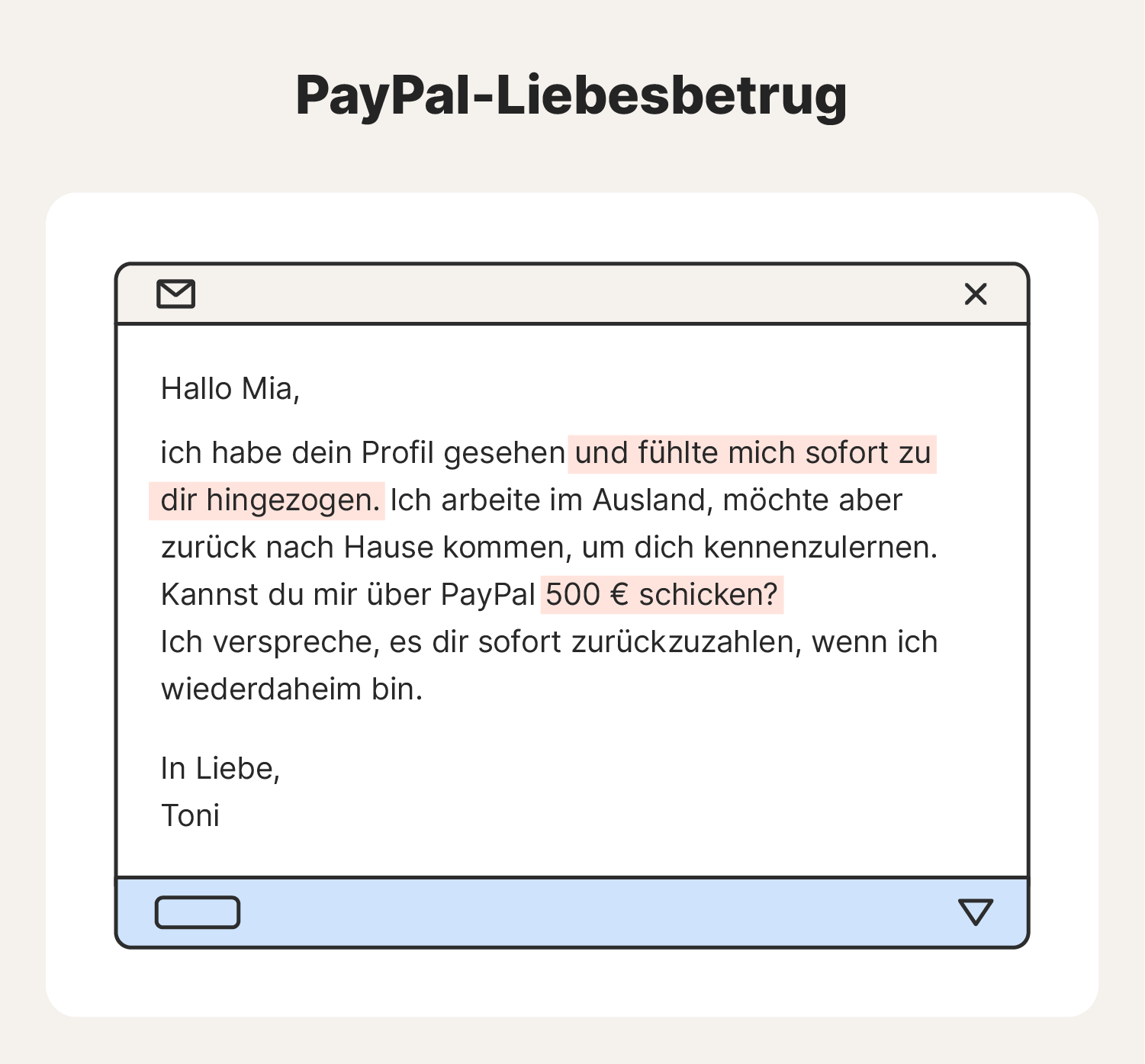 Beispiel einer PayPal-Liebesbetrugsnachricht