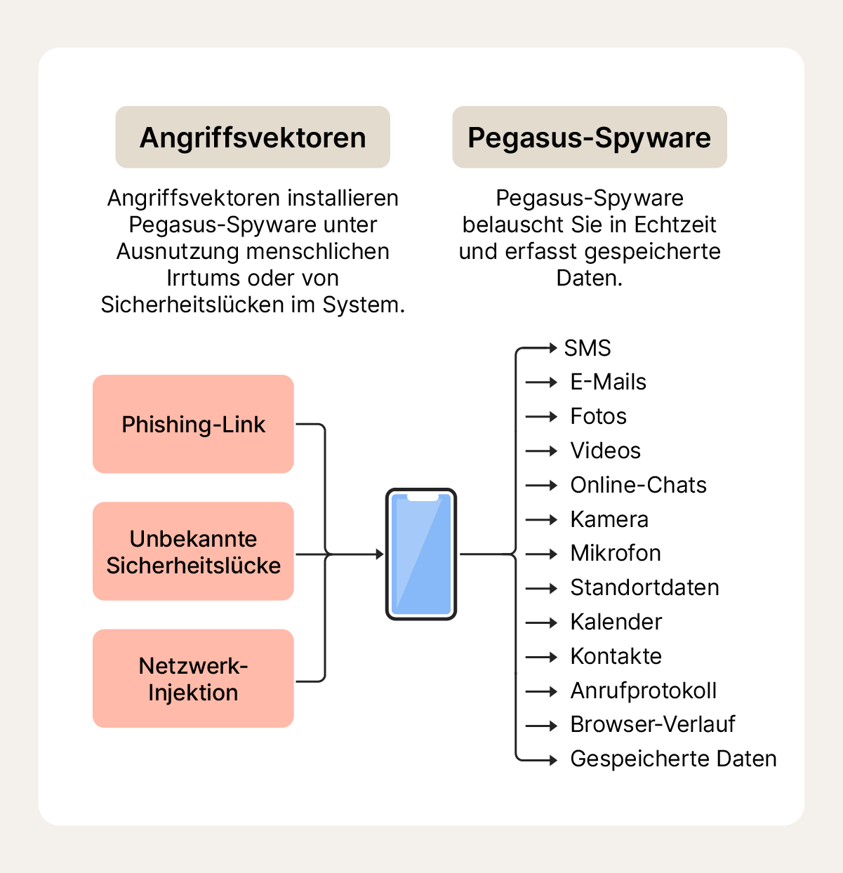 Diagramm zur Infektion von Geräten mit Pegasus und zu den Daten, auf die sie nach der Installation zugreifen kann