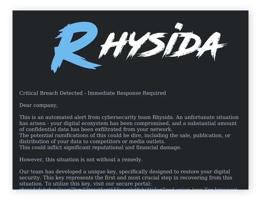 Beispiel einer Lösegeldforderung von Rhysida