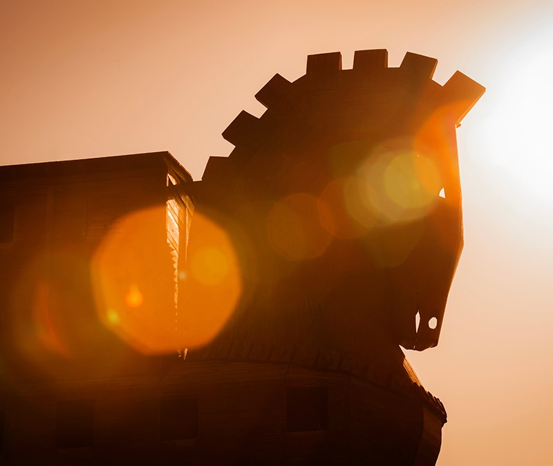 Silhouette einen trojanischen Pferds vor dem Sonnenuntergang
