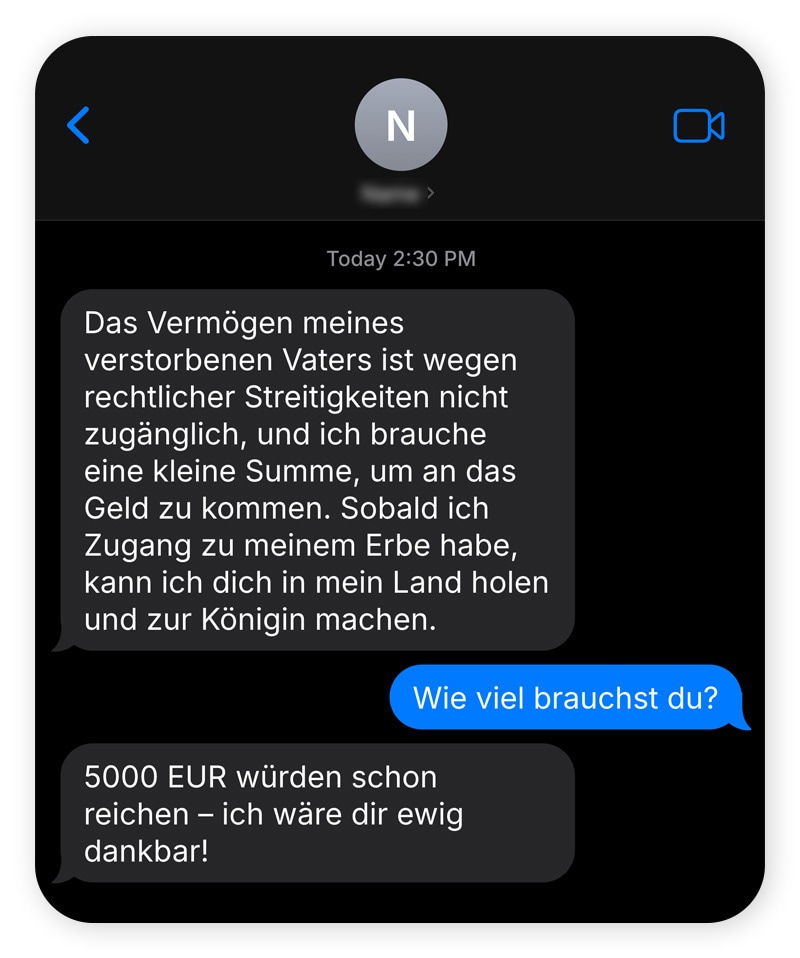 Ein Chat-Austausch: nigerianischer Liebesbetrug.