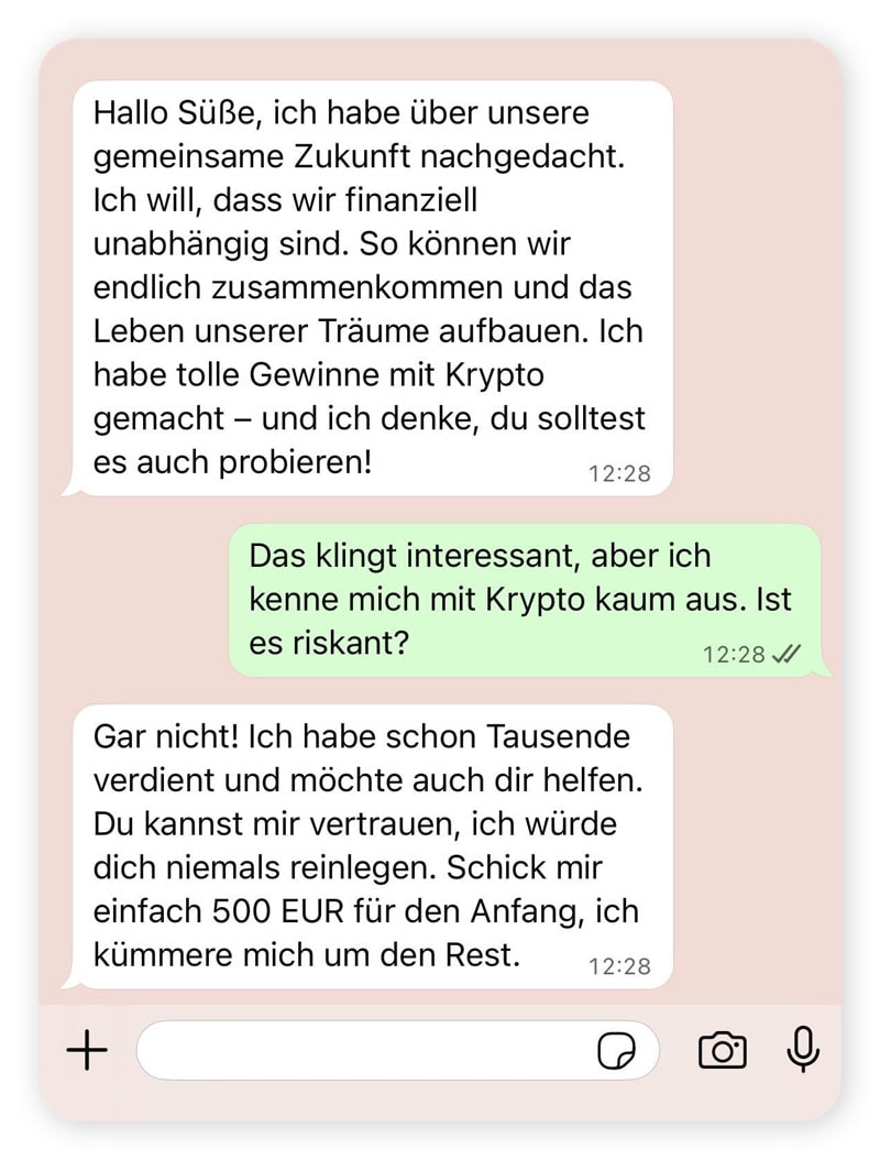 Ein Chat-Austausch: "Pig Butchering"-Liebesbetrug.