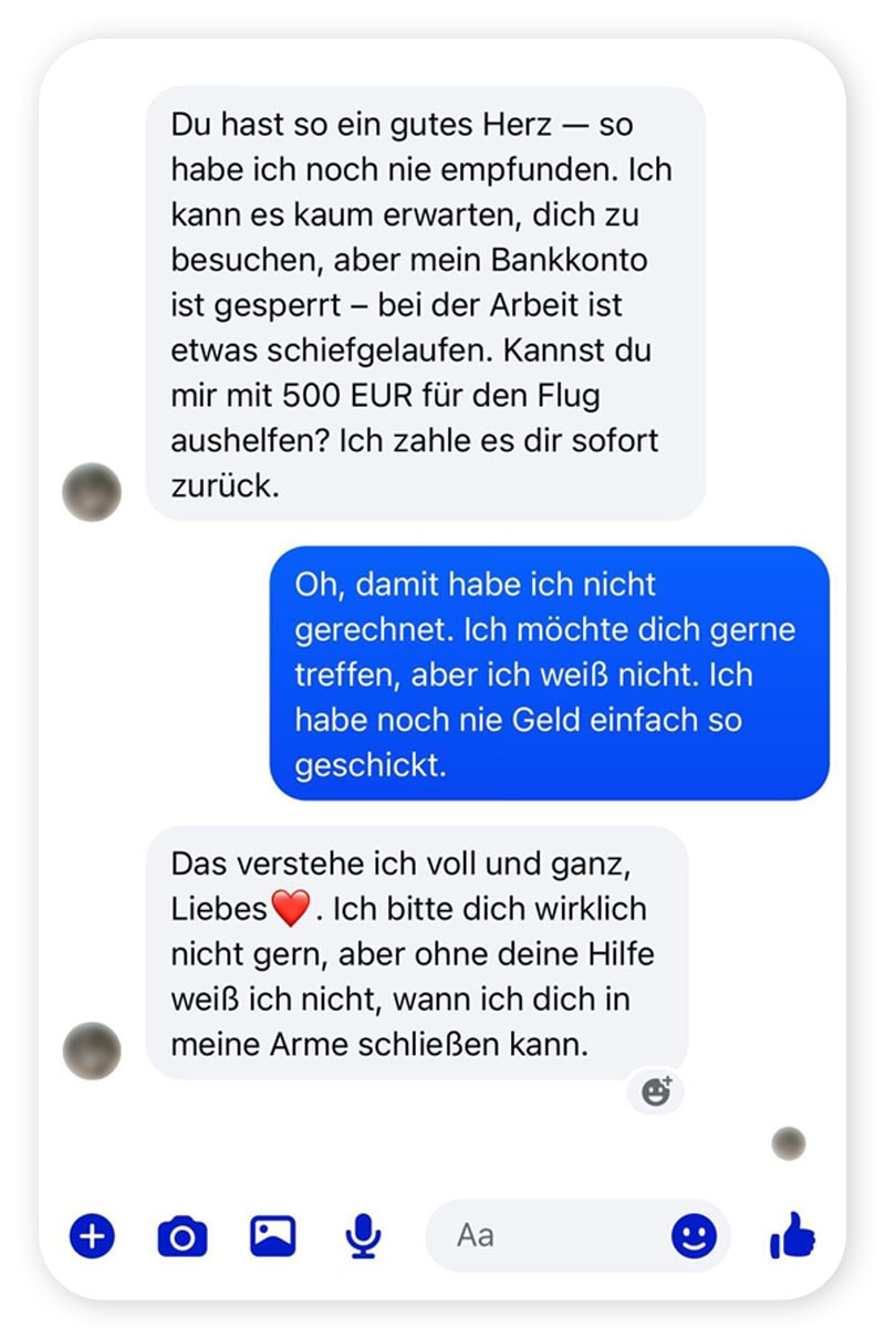 Ein Chat-Austausch: Liebesbetrug auf Facebook.