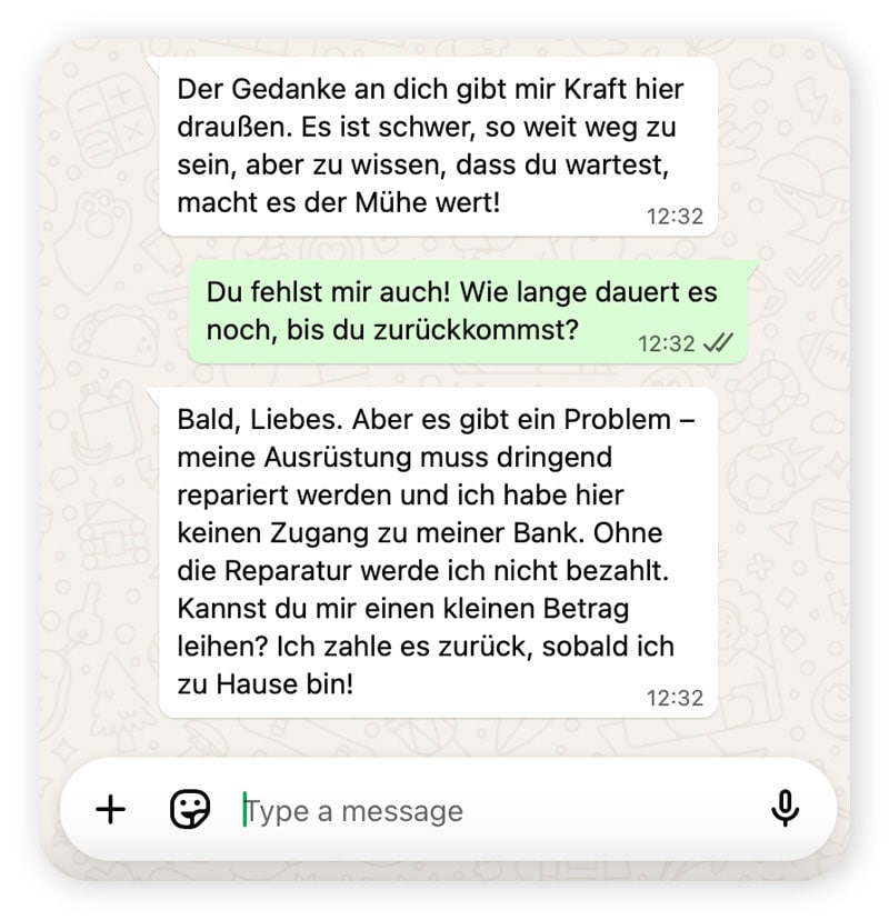 Ein Chat-Austausch: Liebesbetrug mit einem angeblichen Ölplattform-Mitarbeiter.