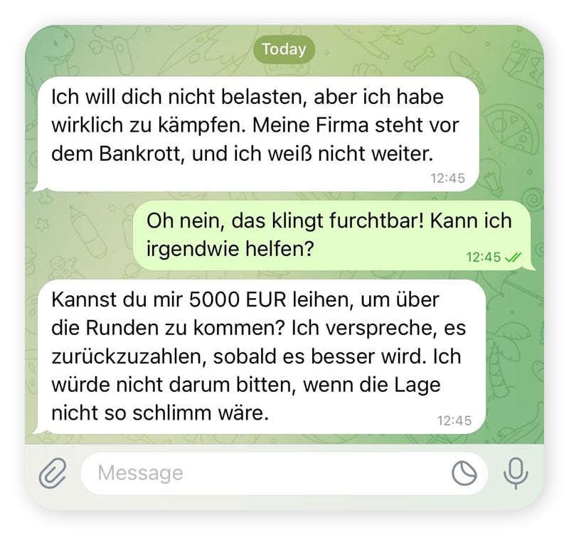 Ein Chat-Austausch: Liebesbetrug auf Telegram.