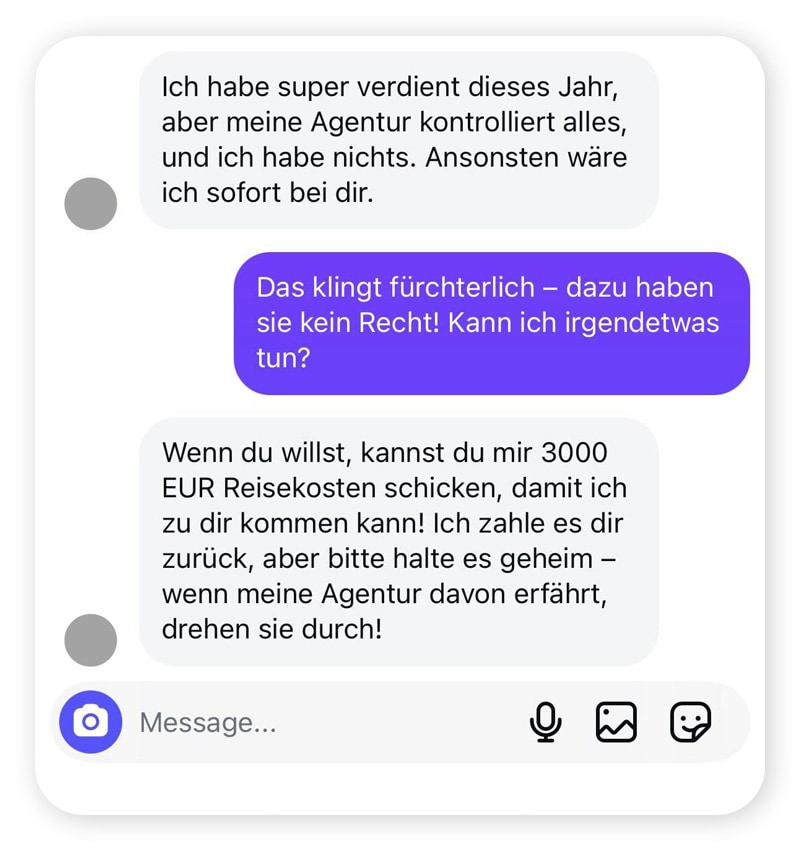 Ein Chat-Austausch: Liebesbetrug mit einem angeblichen Prominenten.