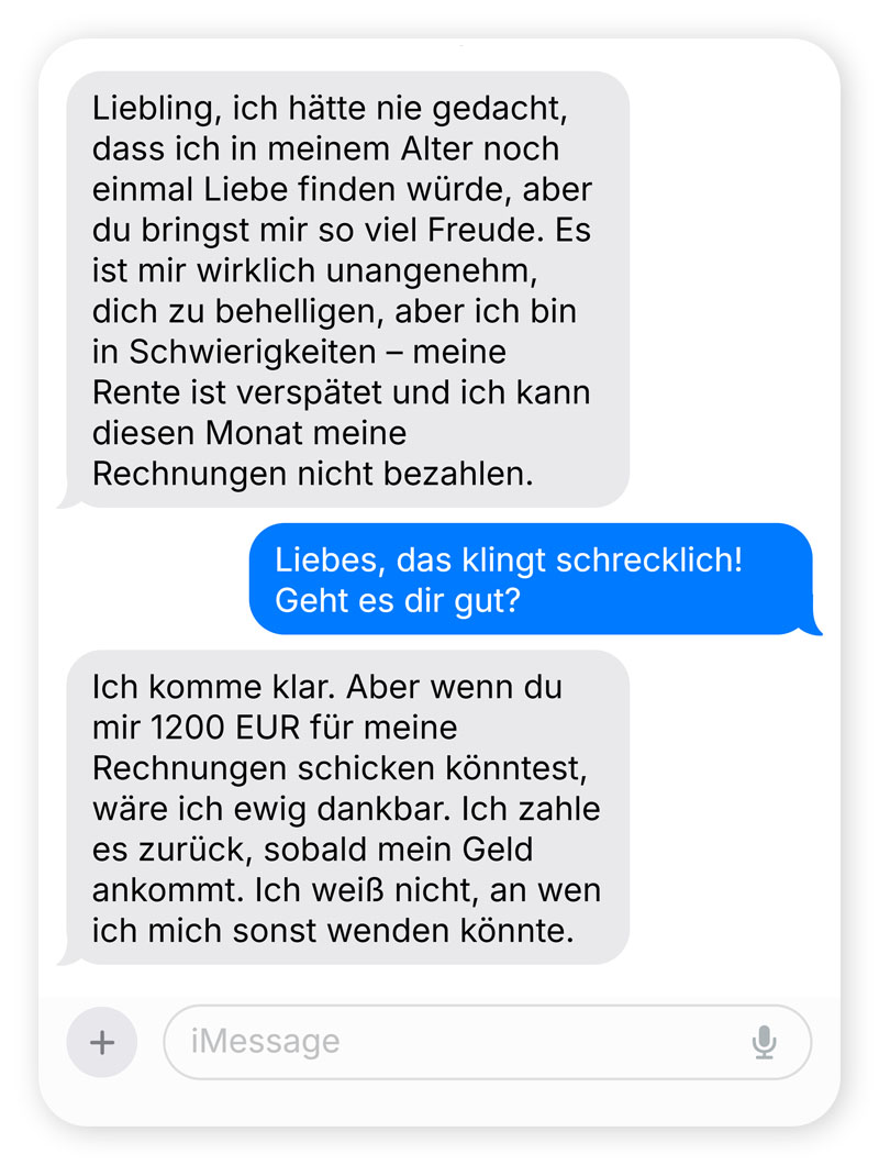 Ein Chat-Austausch: Liebesbetrug bei Senioren.