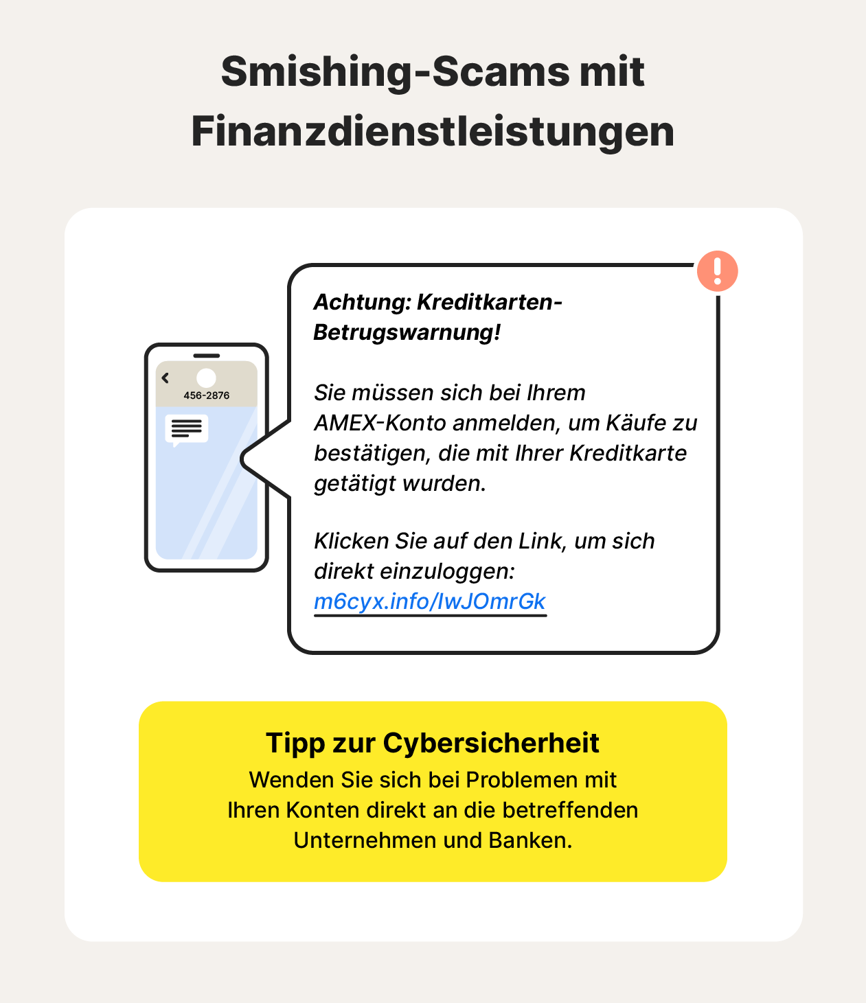 Eine Abbildung zu einem Beispiel für einen Smishing-Betrug im Finanzdienstleistungsbereich, zusammen mit einem Tipp zum Schutz vor Smishing-Angriffen.