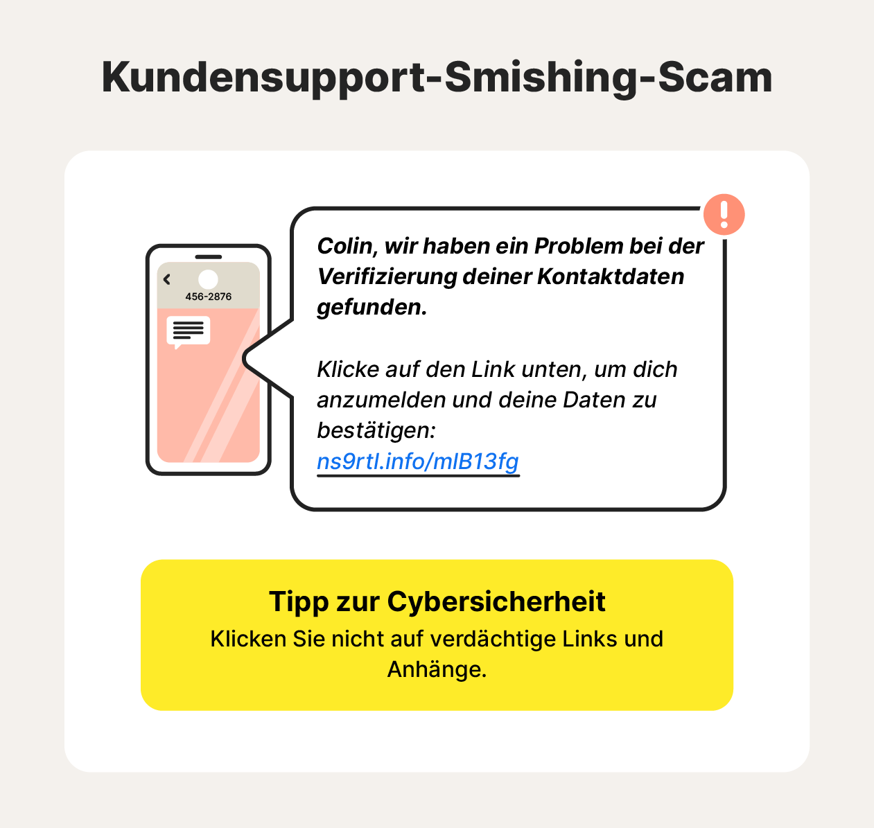 Eine Abbildung zeigt ein Beispiel für einen Smishing-Betrug im Zusammenhang mit Kundensupport, mit einem Tipp zum Schutz vor Smishing-Angriffen.
