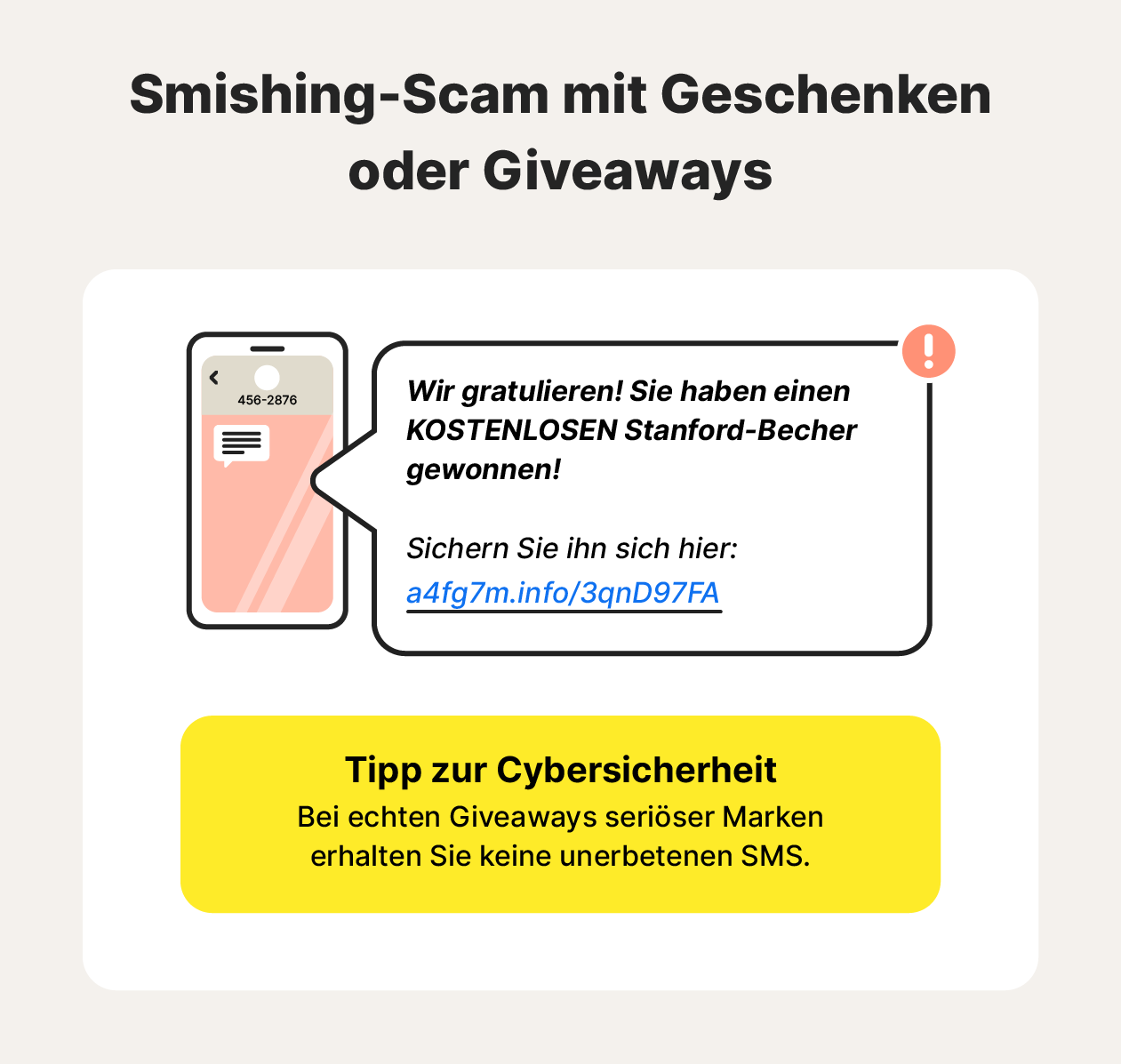Eine Abbildung zeigt ein Beispiel für einen Smishing-Betrug mit einem Werbegeschenk, zusammen mit einem Tipp zum Schutz vor Smishing-Angriffen.