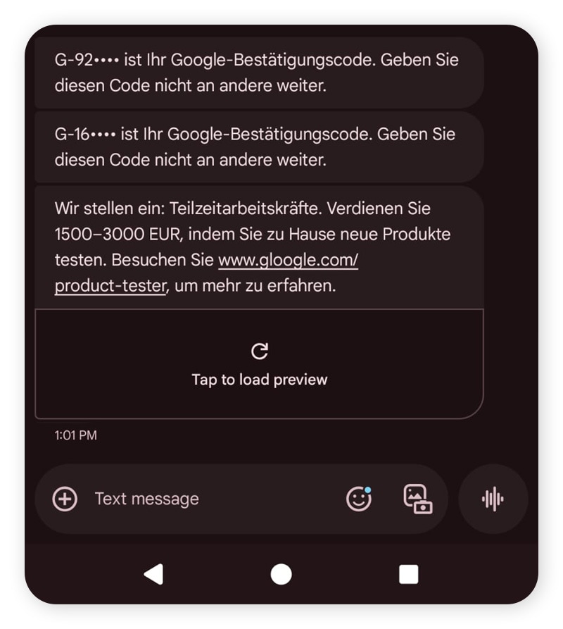 Beispiel: Spoofing-SMS von einem gefälschten Google-Konto