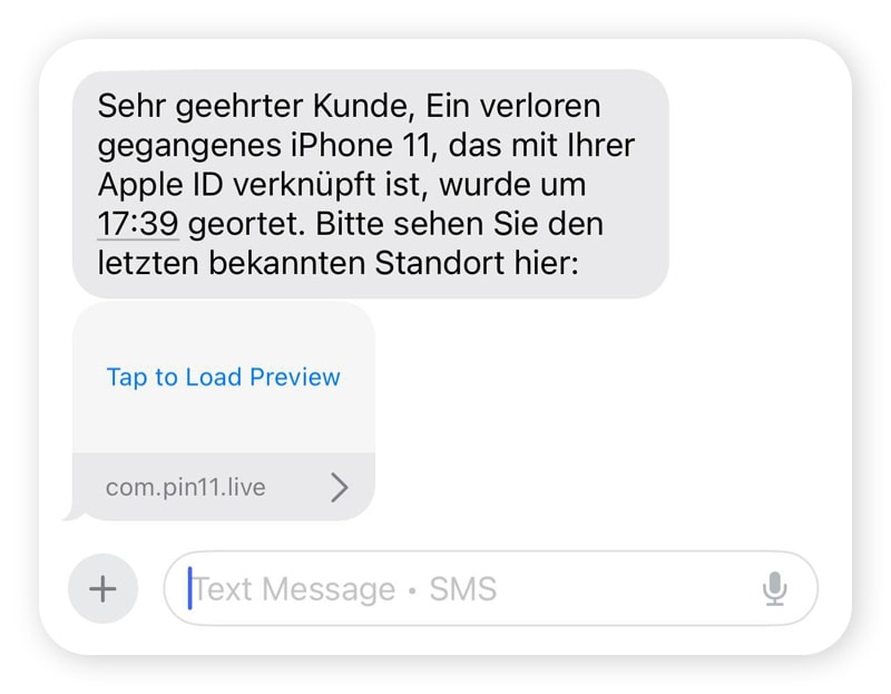 Beispiel: Spoofing-SMS von einem gefälschten Apple Care-Konto
