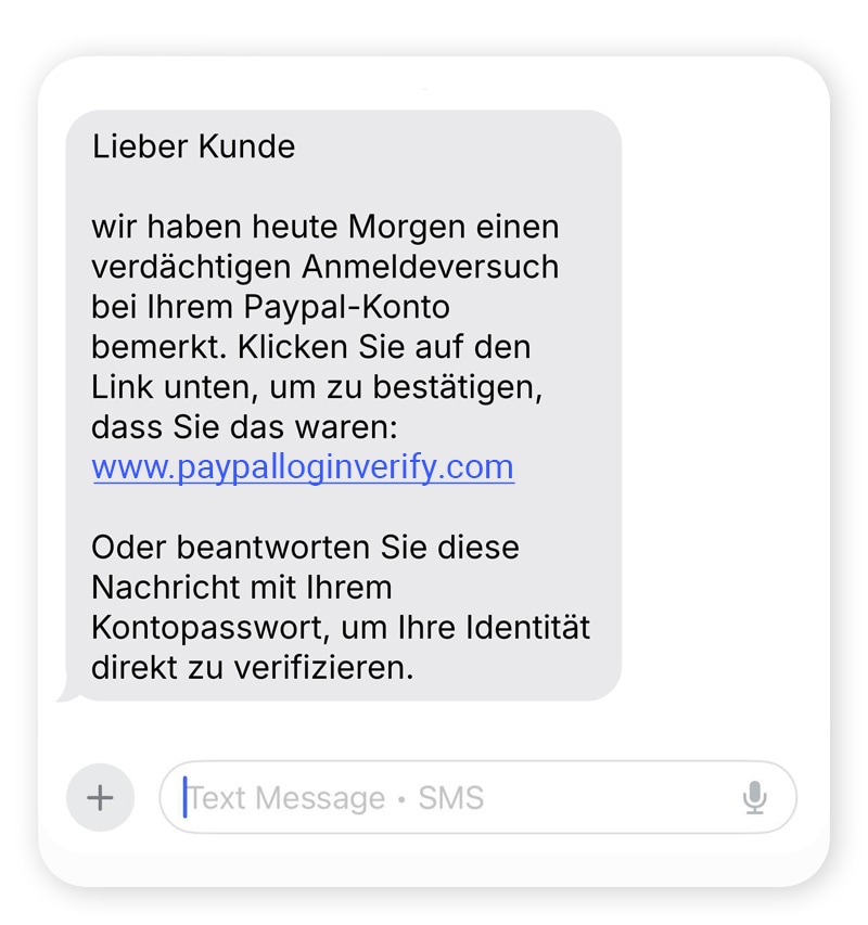 Beispiel: Spoofing-SMS von einem gefälschten PayPal Care-Konto