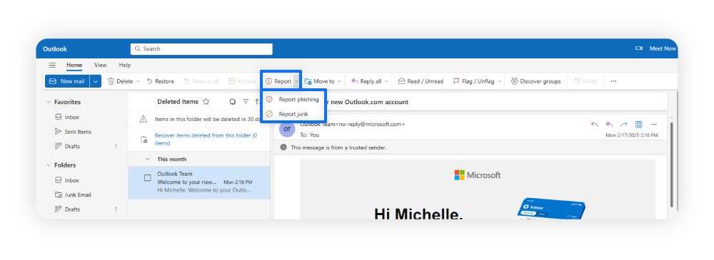 Anleitung zum Markieren von Spam in Outlook.