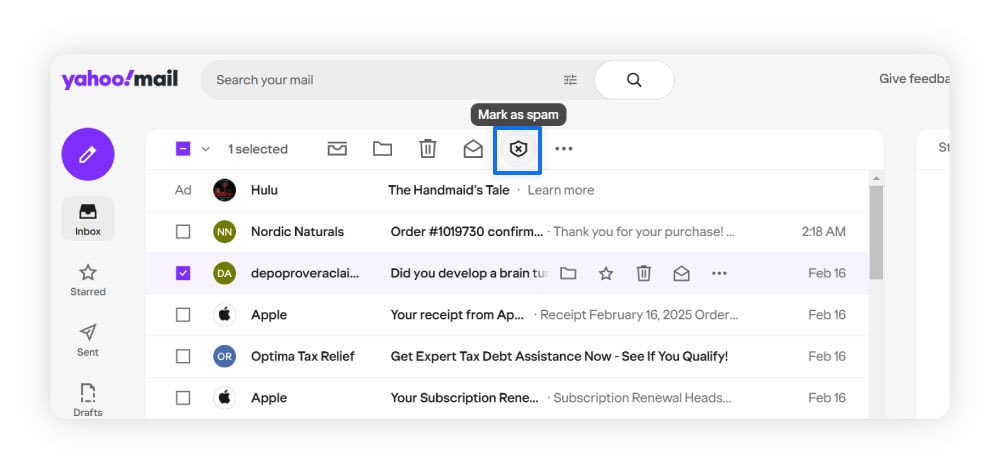 Anleitung zum Markieren von Spam in Yahoo Mail.