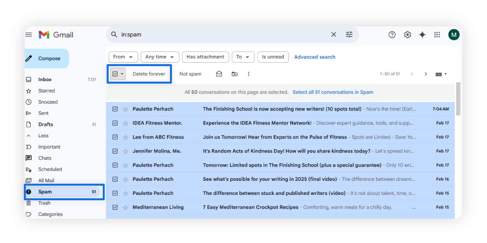 Anleitung zum Löschen von Spam in Gmail.