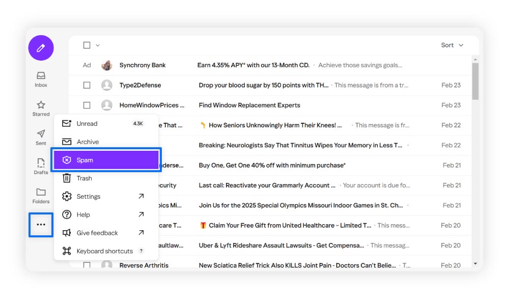 Anleitung zum Löschen von Spam in Yahoo Mail.