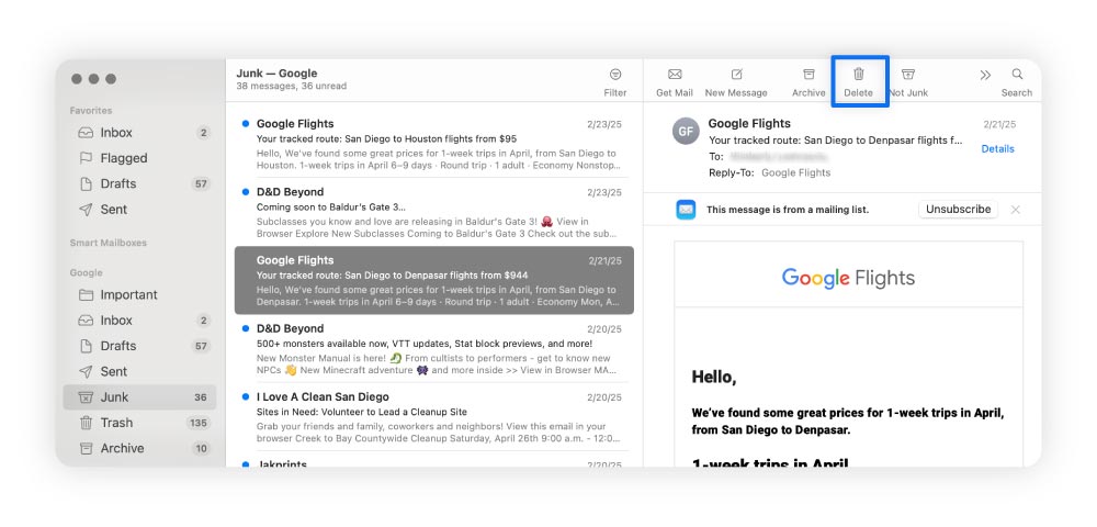 Anleitung zum Löschen von Spam in Apple Mail.
