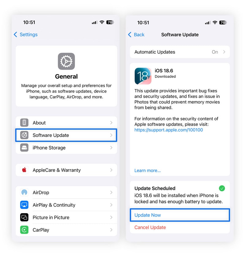 iPhone-Screenshots, die zeigen, wie man Software aktualisiert.