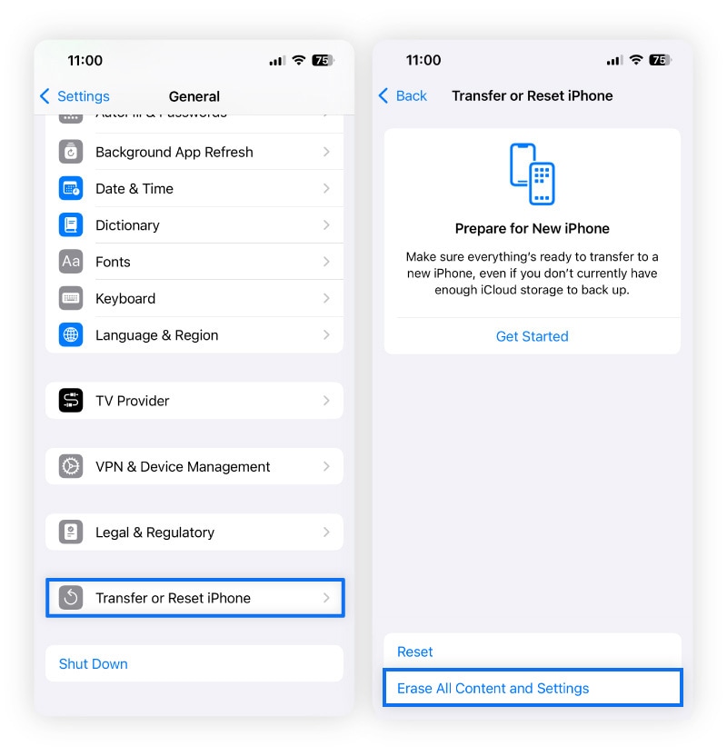 Screenshot, der zeigt, wie man ein iPhone auf die Werkseinstellungen zurücksetzt.