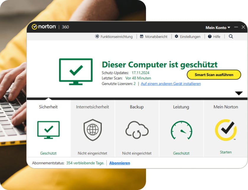 Startbildschirm von Norton 360 Standard mit Meldung, dass das Gerät, auf dem die Anwendung installiert ist, geschützt ist.