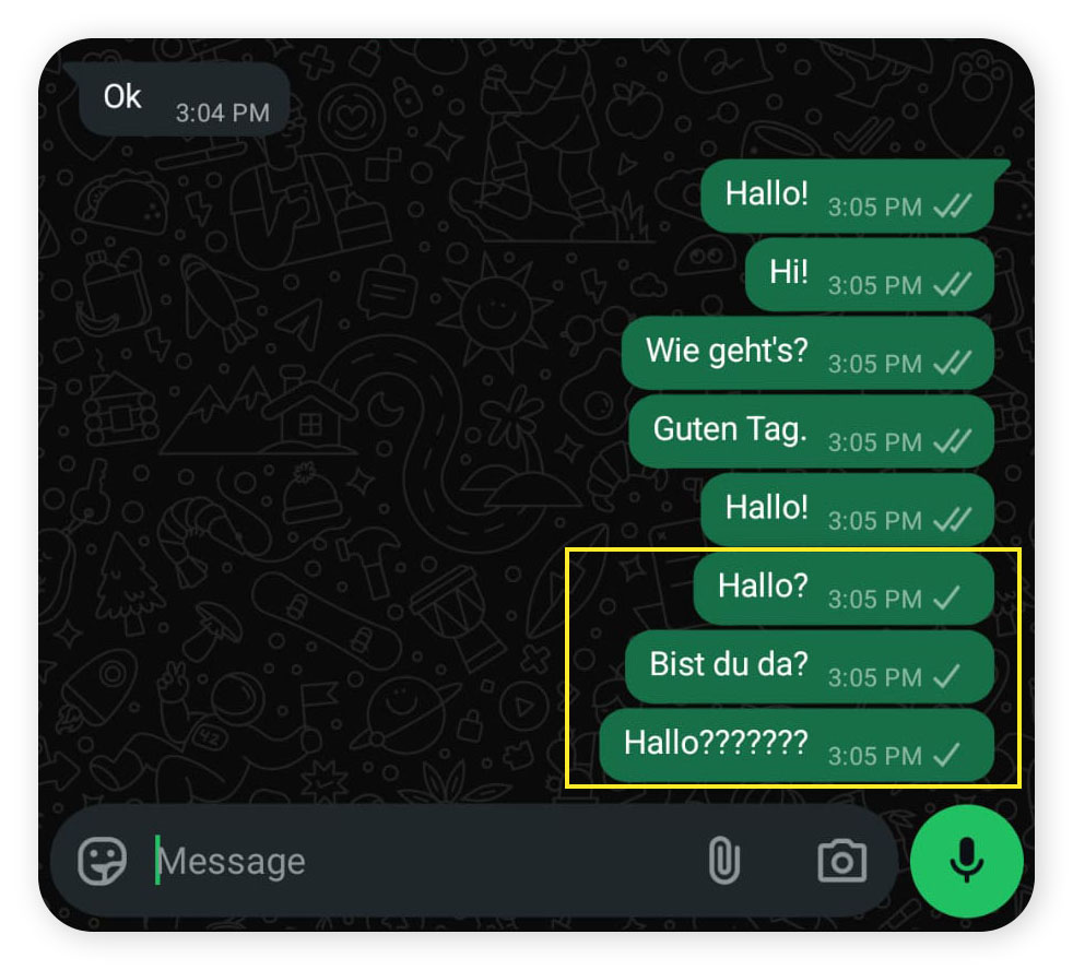 Screenshot einer WhatsApp-Nachricht, die nicht zugestellt wird, weil der Absender blockiert wurde.